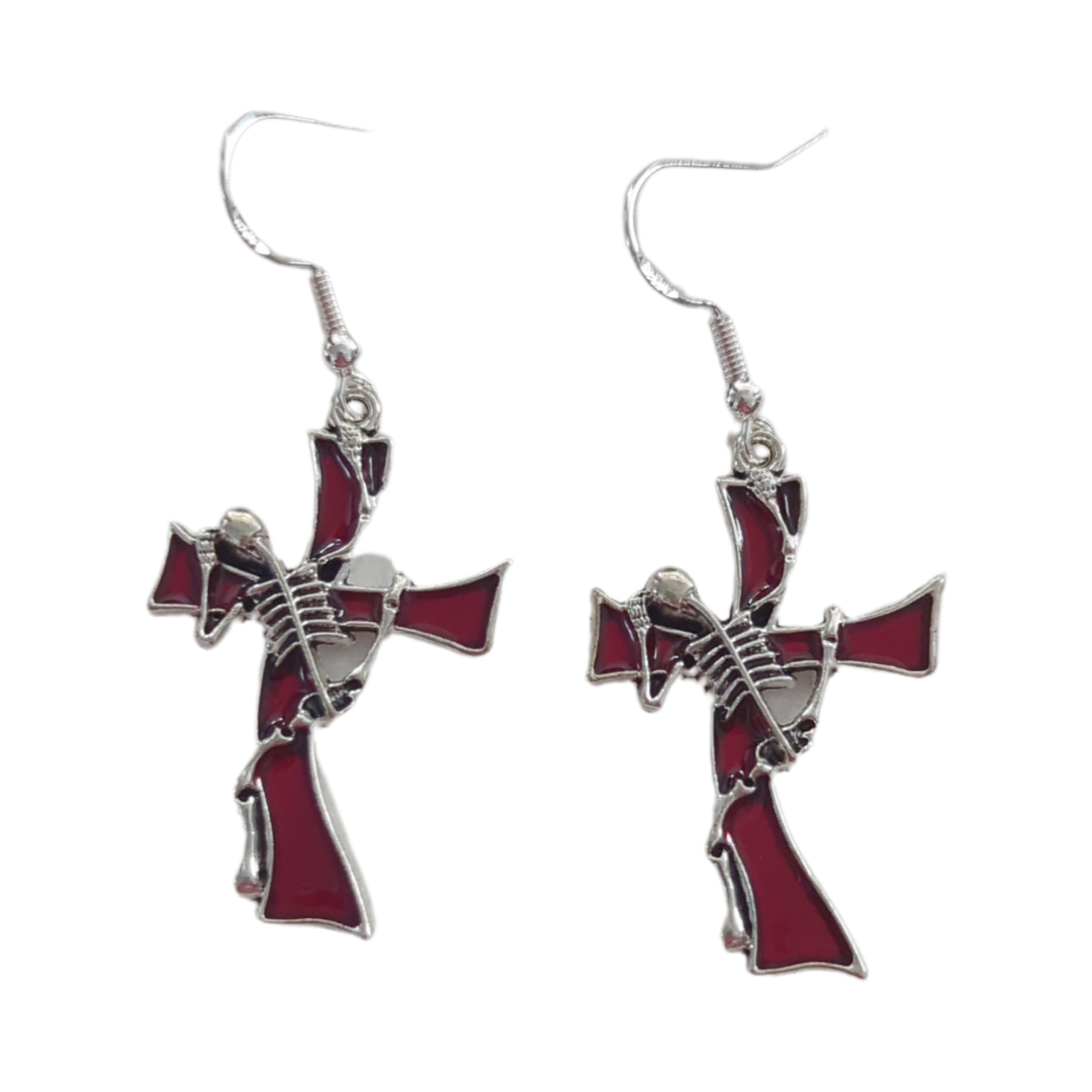 Earrings - Red cross with skeleton on hook