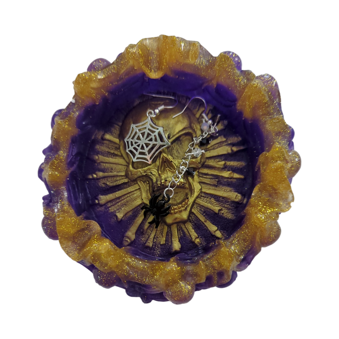 Earrings - Black spider on chain with beads and silver spiderweb on hook