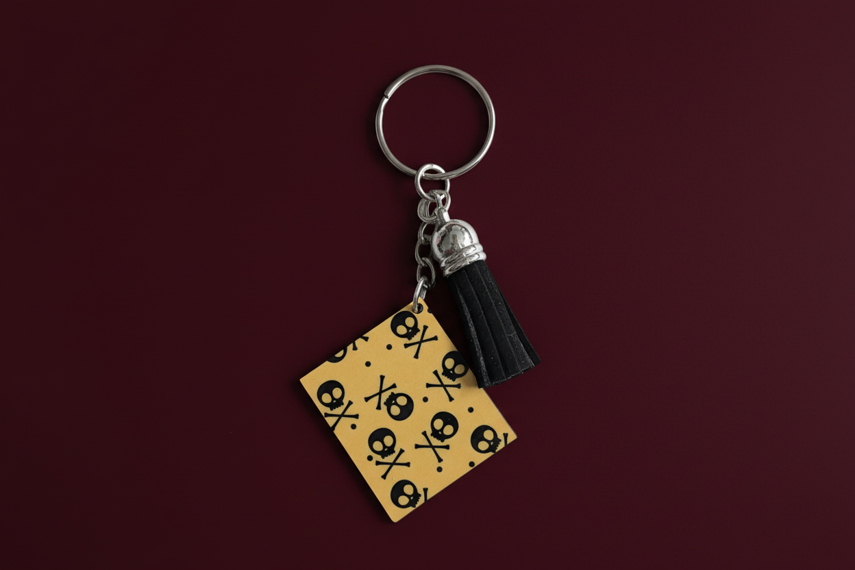 A keychain with a double-sided design featuring sublimated black skulls on a yellow background with a black acrylic tassel.