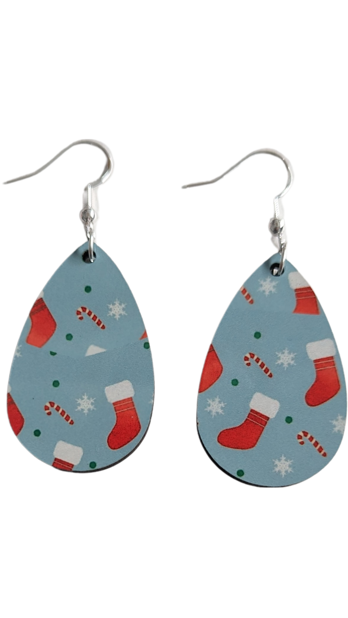 Earrings - Double sided sublimated stockings and candy canes on blue background image on silver hook