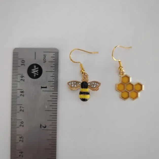 Earrings - Alloy Enamel Honeycomb and Rhinestone Bee charm on gold hook