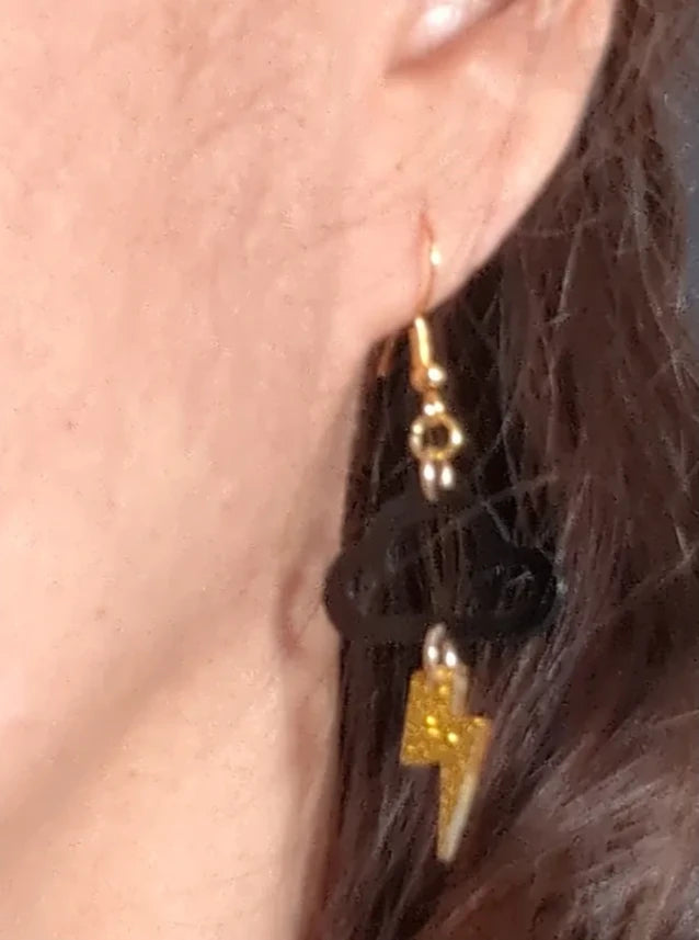 Earrings - Black cloud with gold lightning bolt on hook