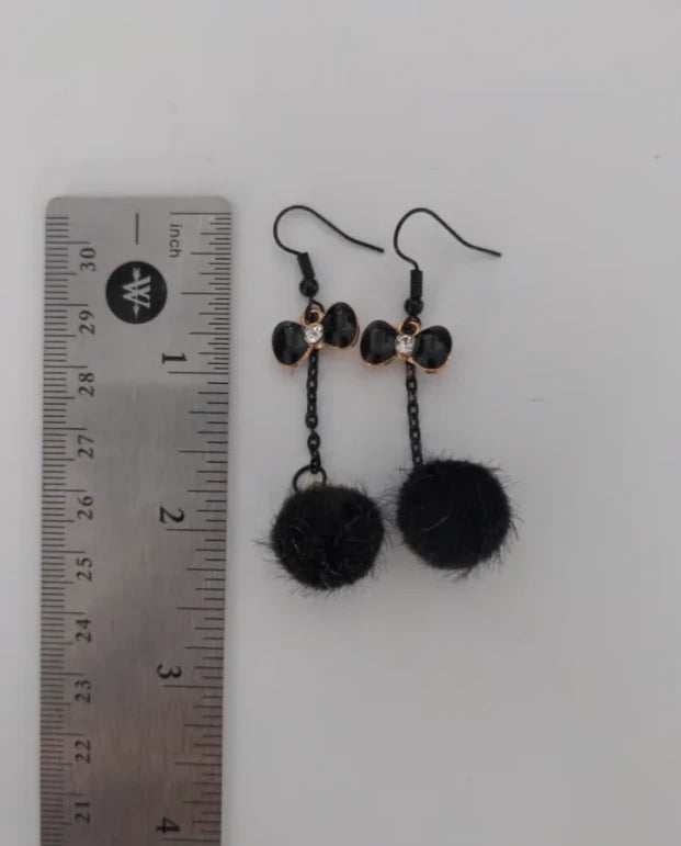 Earrings - Black Pompoms on Black Chain with Gold Plated Black Bow Charm on Black Hook