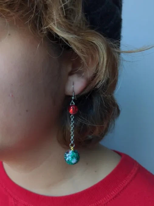 Earrings - Christmas green velvet ball ornament with one red jingle bell on silver chain drop hook