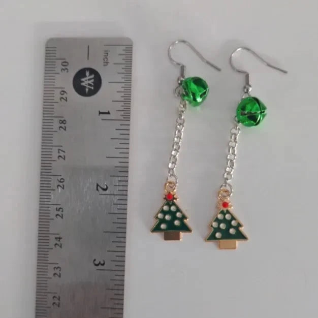Earrings - Christmas tree with white dots charm with one green jingle bell on silver chain drop hook