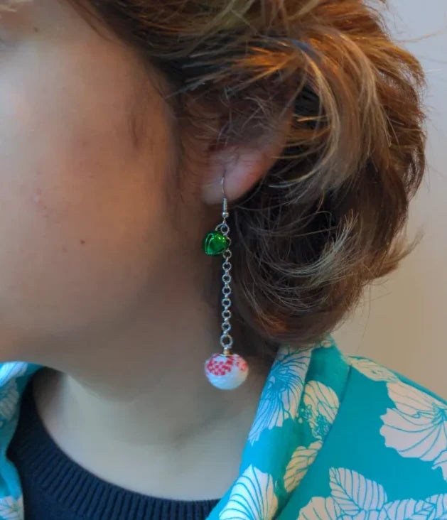 Earrings - Christmas white with red velvet ball ornament with one green jingle bell on silver chain drop hook
