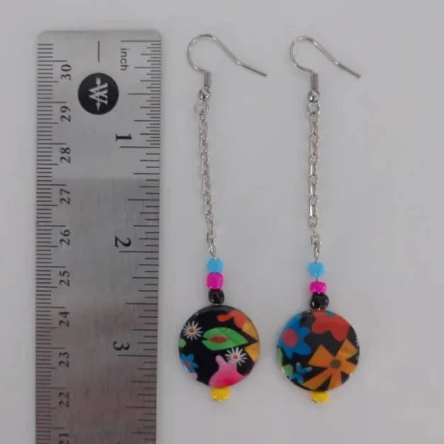 Earrings - Colorful Floral Disc Shell Beads on Silver Chain Drop Hook