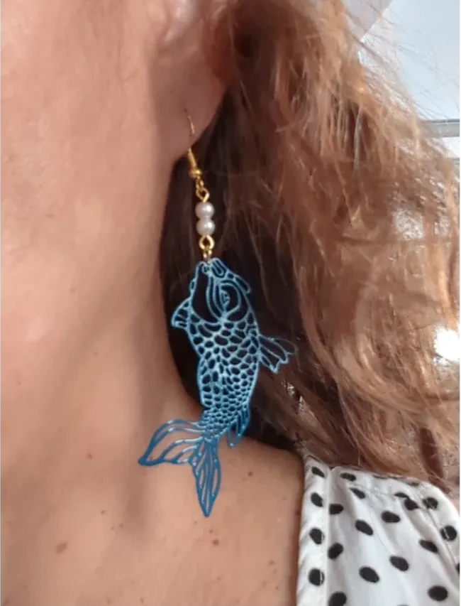 Earrings - Coy Fish Brass Filigree with white beads on gold hook