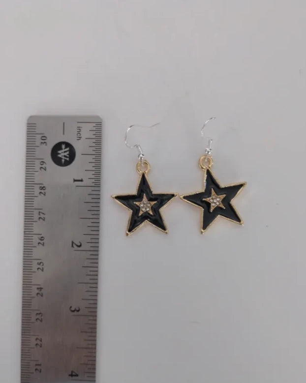 Earrings - Gold plated black star charm on silver hook