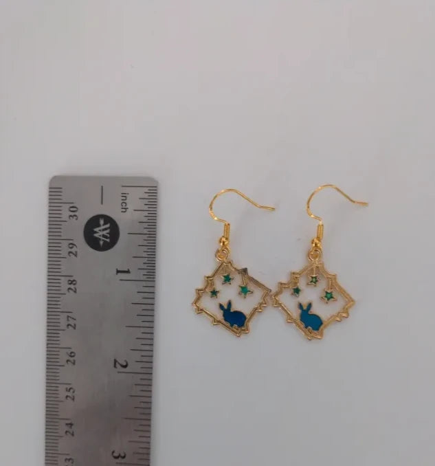 Earrings - Gold plated blue bunny with stars on gold hook