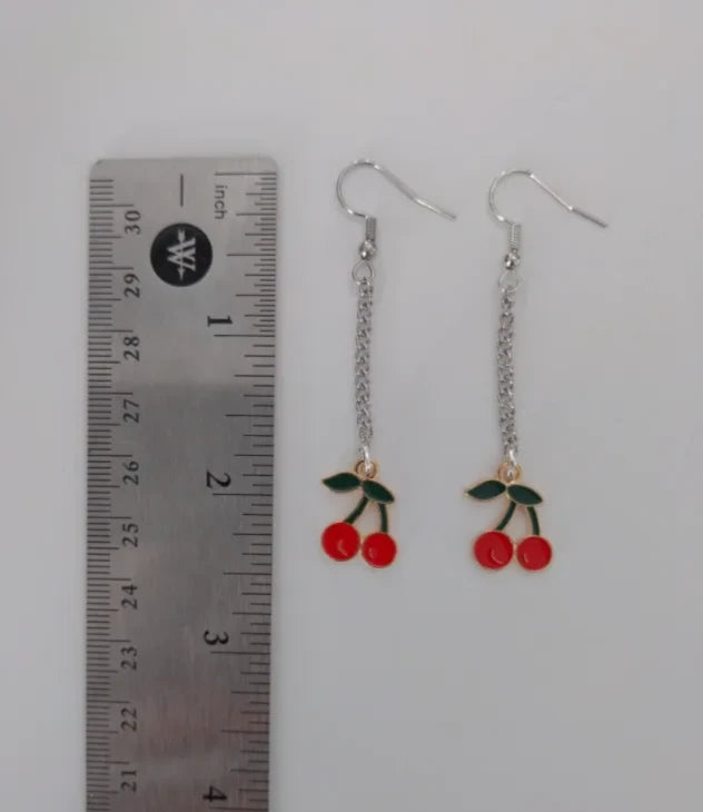 Earrings - Gold plated cherries on silver chain drop hook