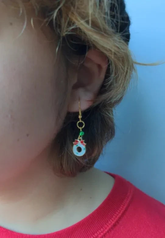 Earrings - Gold Plated white Christmas wreath charm hook