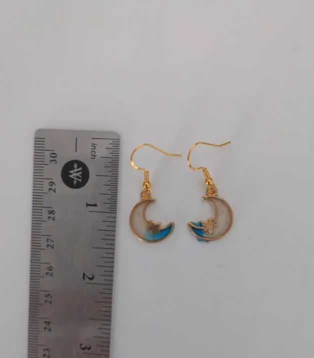 Earrings - Gold plated white/blue moon with gold star charm on gold hook
