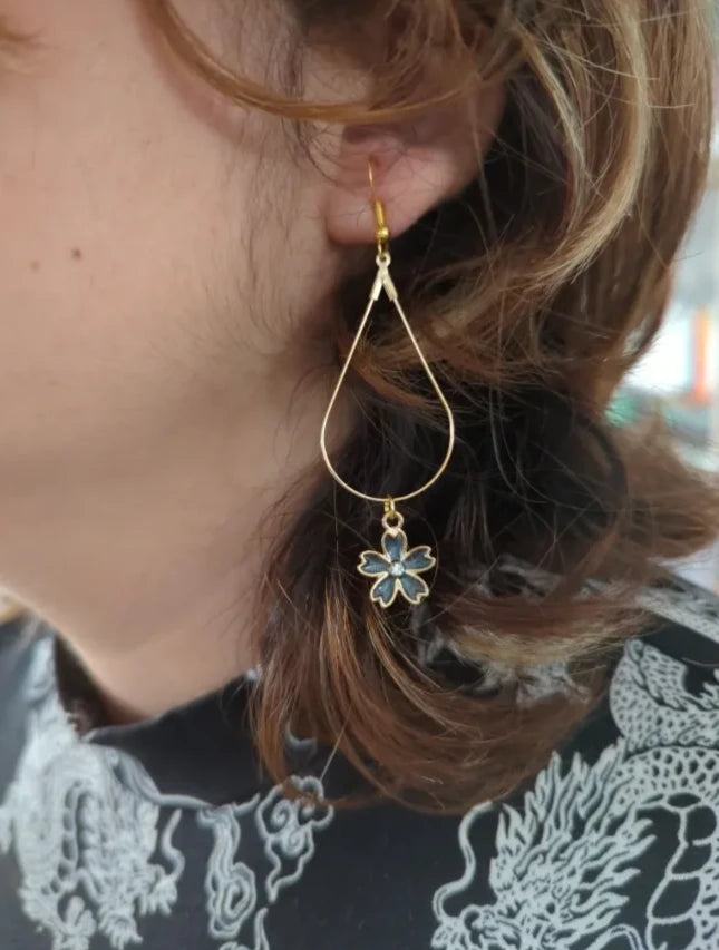 Earrings - Gold tear drop flower charm on silver hook