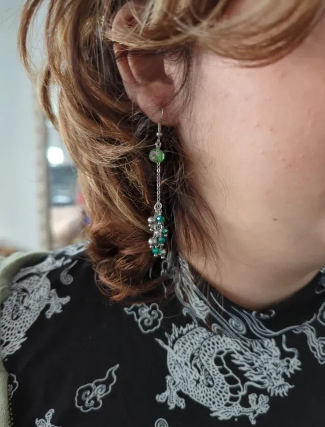 Earrings - Green and silver beads on silver chain silver hook