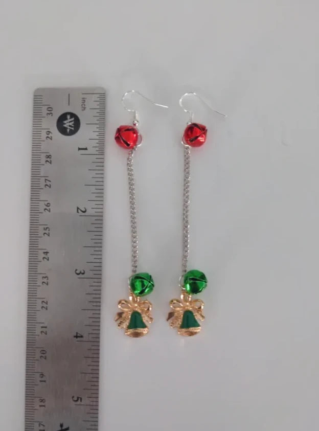 Earrings - Green Christmas Bell with Two Jingle Bells on Silver Chain Drop Hook