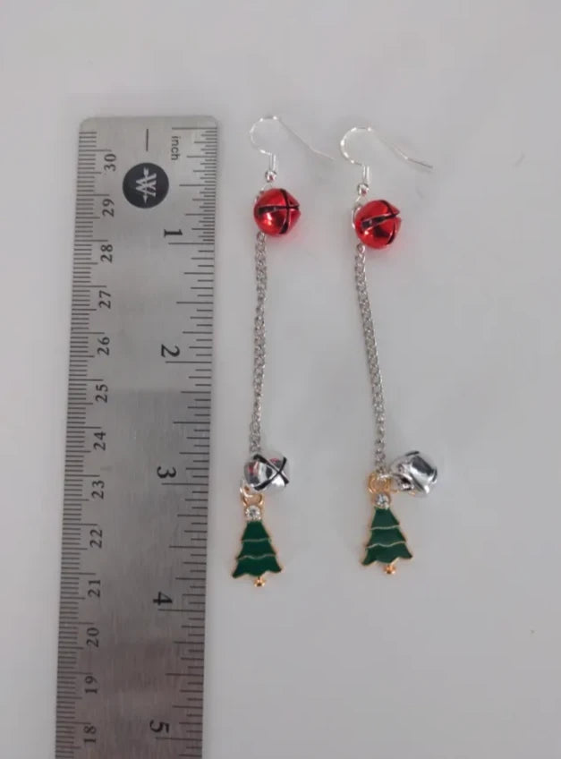 Earrings - Green Christmas Tree with Two Jingle Bells on Silver Chain Drop Hook