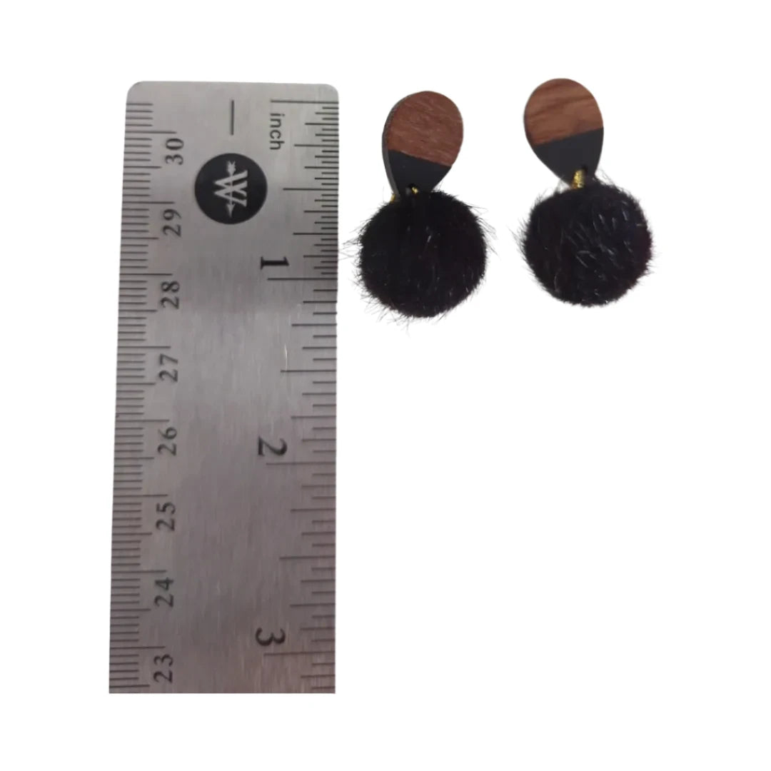 Earrings - Half Resin Walnut Wood Post Stud Earrings Geometric Natural Wooden Teardrop with pompom charm