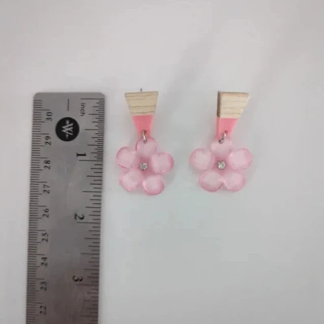 Earrings - Half Resin Walnut Wood Post Stud Earrings Geometric Natural Wooden Trapezoid with flower charm