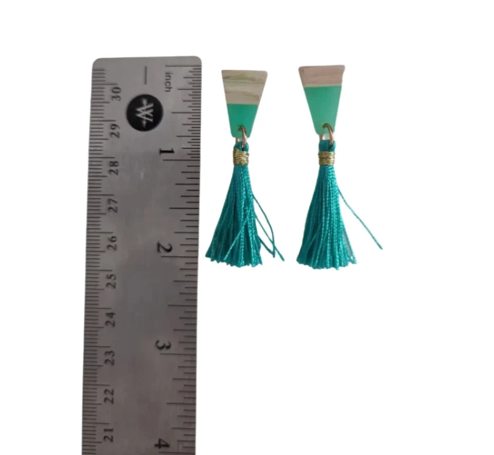 Earrings - Half Resin Walnut Wood Post Stud Earrings Geometric Natural Wooden Trapezoid with tassel