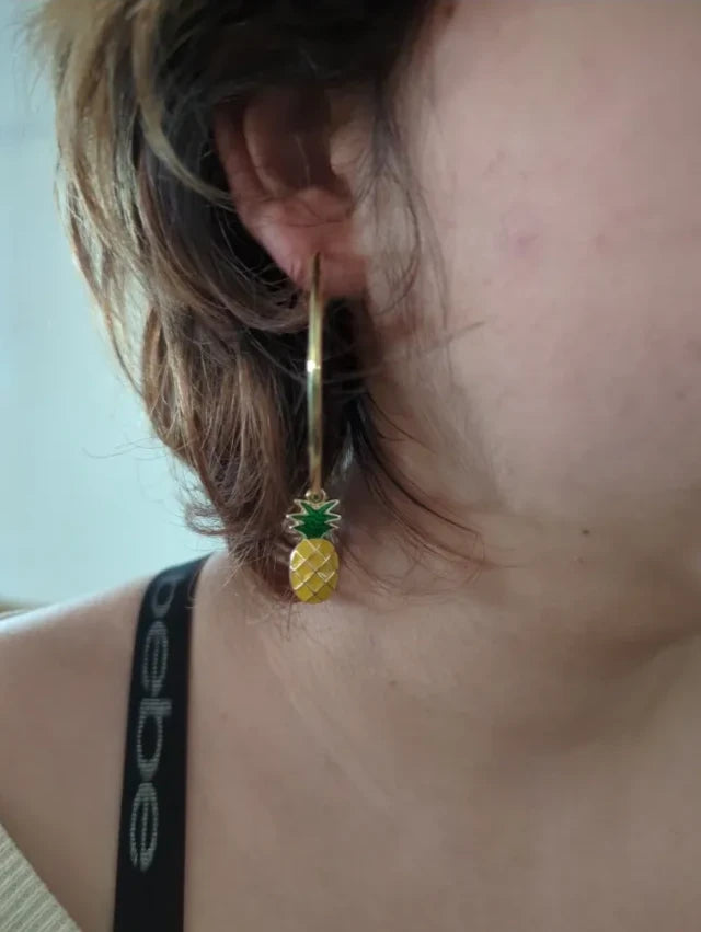 Earrings - Large 50 mm Gold Hoop with Gold plated pineapple charm