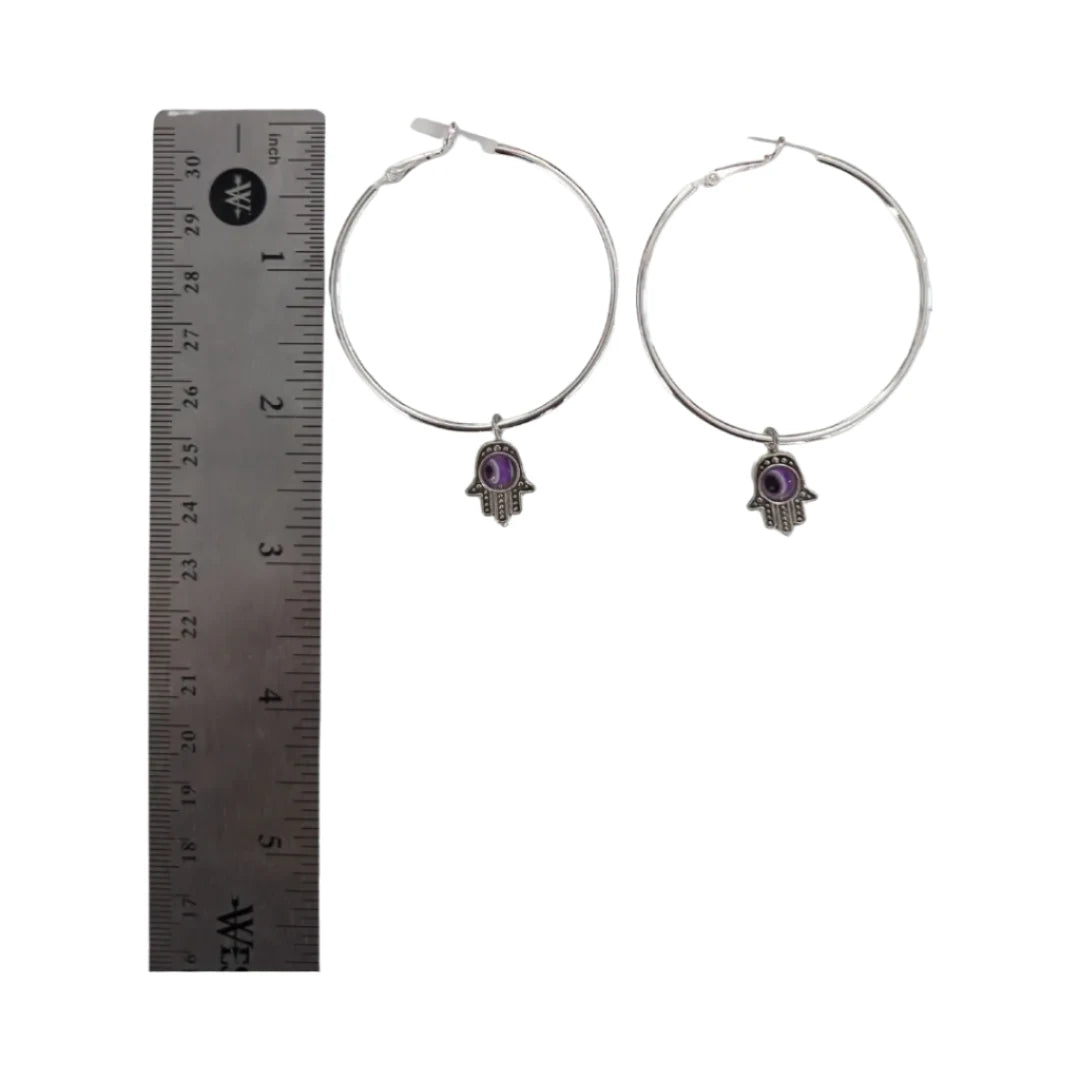 Earrings - Large 50 mm Silver Hoop with Colorful Evil Eye charm