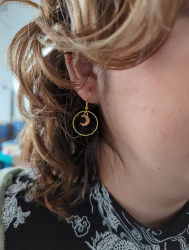 Earrings - Mismatch orange charm with gold circle on gold hook