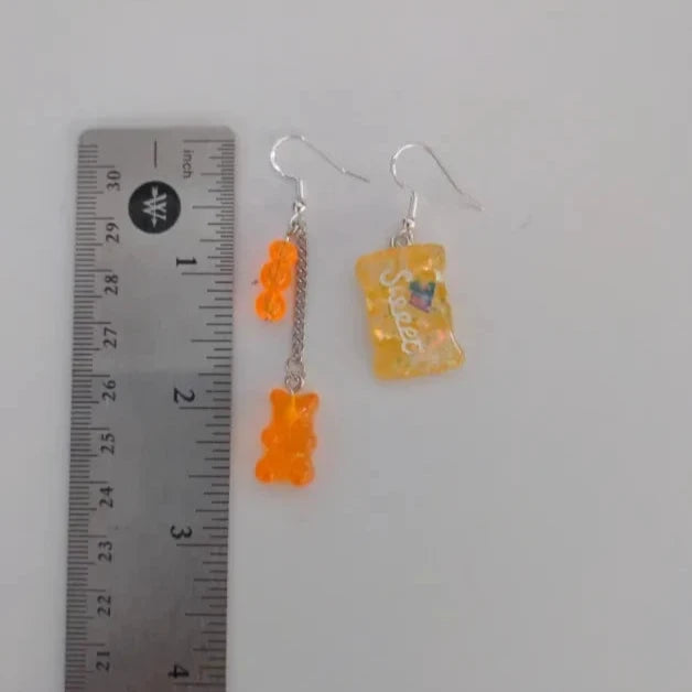 Earrings - Mismatched gummy bear on silver chain and sweet candy on Hook