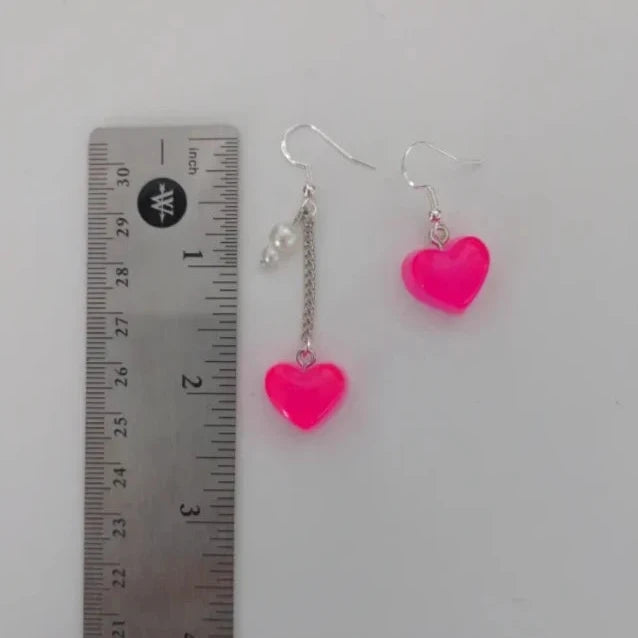 Earrings - Mismatched gummy heart on silver chain with pearl beads on silver hook