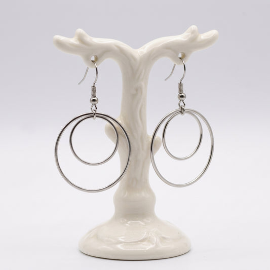 Nested Double Circle Dangle Earrings – Modern Geometric Wire Hoops