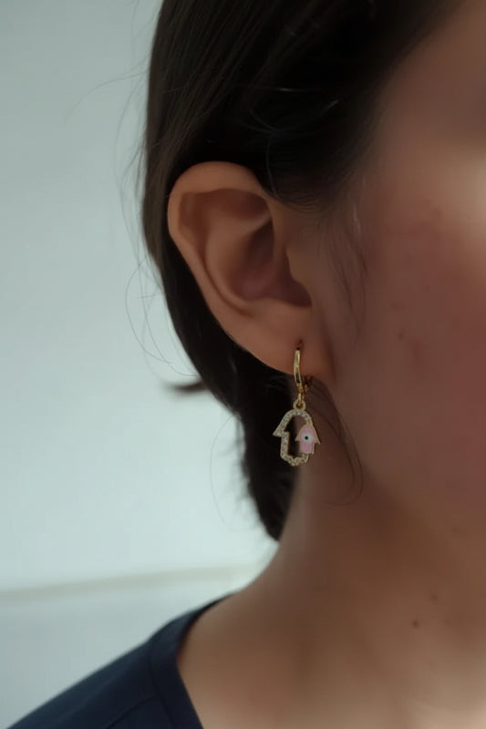 Earrings - Pink Evil eye pattern rhinestone gold hand drop