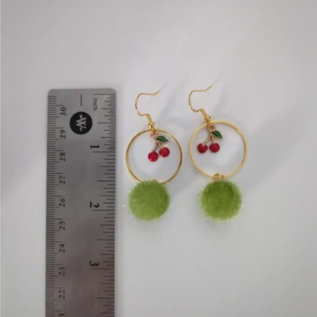 Earrings - Pompom with cherries and circle on gold hook