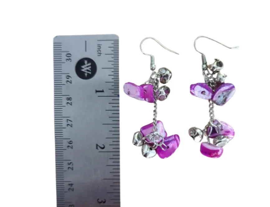 Earrings - Purple and silver beads on silver chain on silver hook