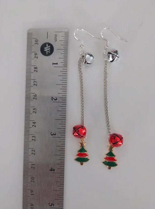 Earrings - Red and Green Christmas Tree with Two Jingle Bells on Silver Chain Drop Hook
