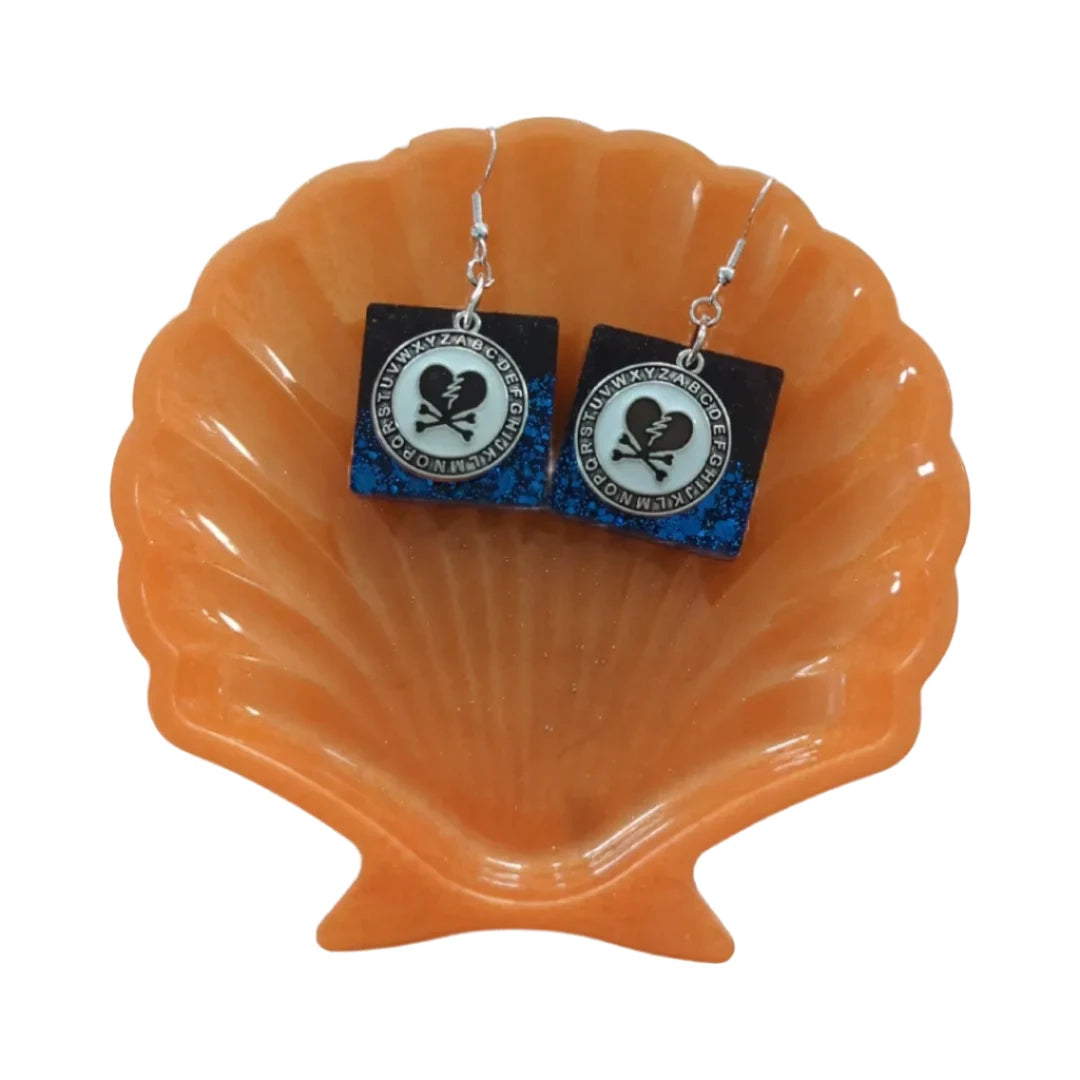 Earrings - Resin black and blue square with broken heart charm on silver hook