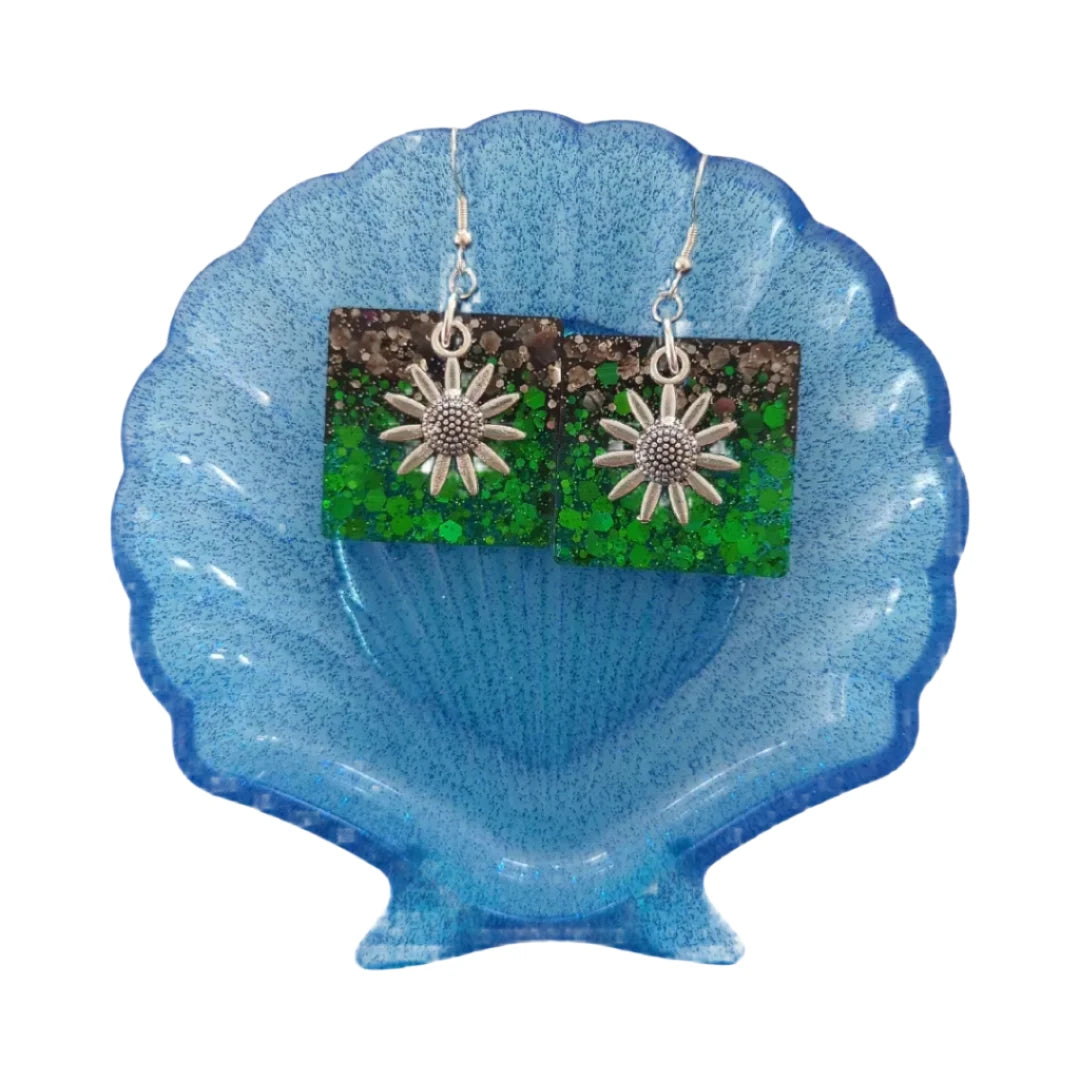 Earrings - Resin black and green square with silver flower charm on hook