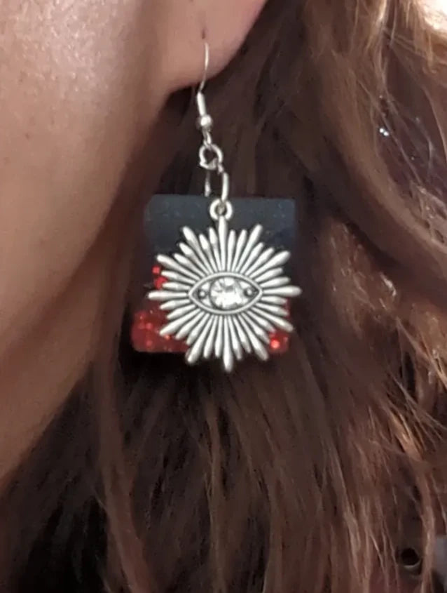 Earrings - Resin Black and red square with silver evil eye charm on silver hook