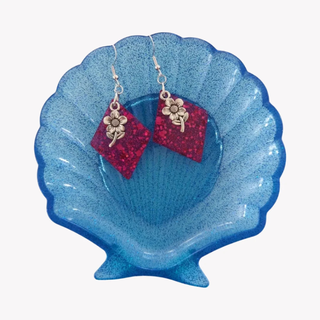 Earrings - Resin diamond shape with silver charm on hook