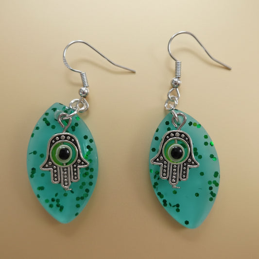 Earrings - Resin leaf shape with hamsa hand colorful evil eye charm on silver hook