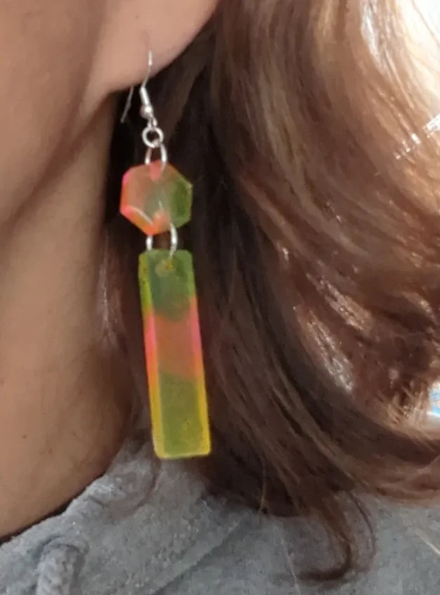 Earrings - Resin long rectangle and hexagon on hook