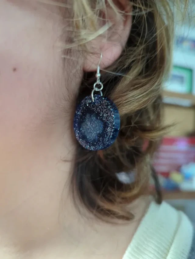 Earrings - Resin medium blue glitter circle with cloud on silver hook