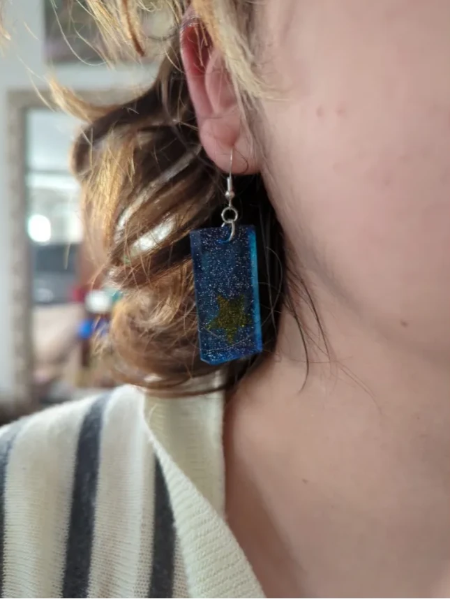 Earrings - Resin medium blue glitter rectangle with yellow star on silver hook