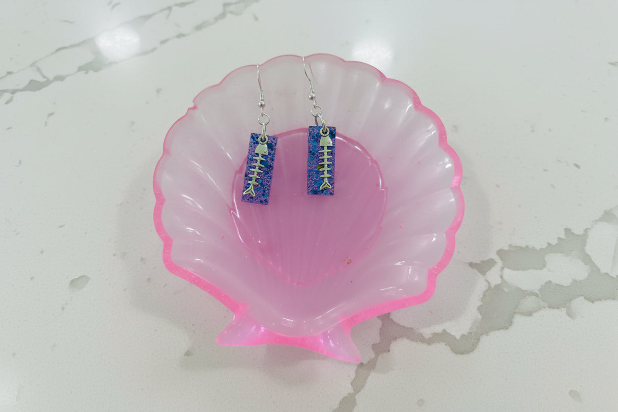 Earrings - Resin medium blue rectangle with silver fish scale charm on hook