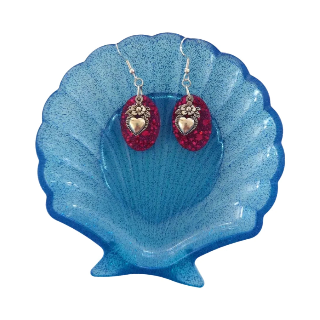 Earrings - Resin medium oval with silver charm on hook