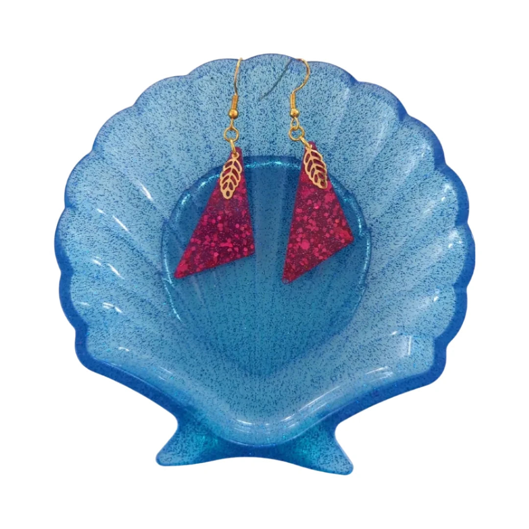 Earrings - Resin obtuse triangle with gold leaf charm on gold hook