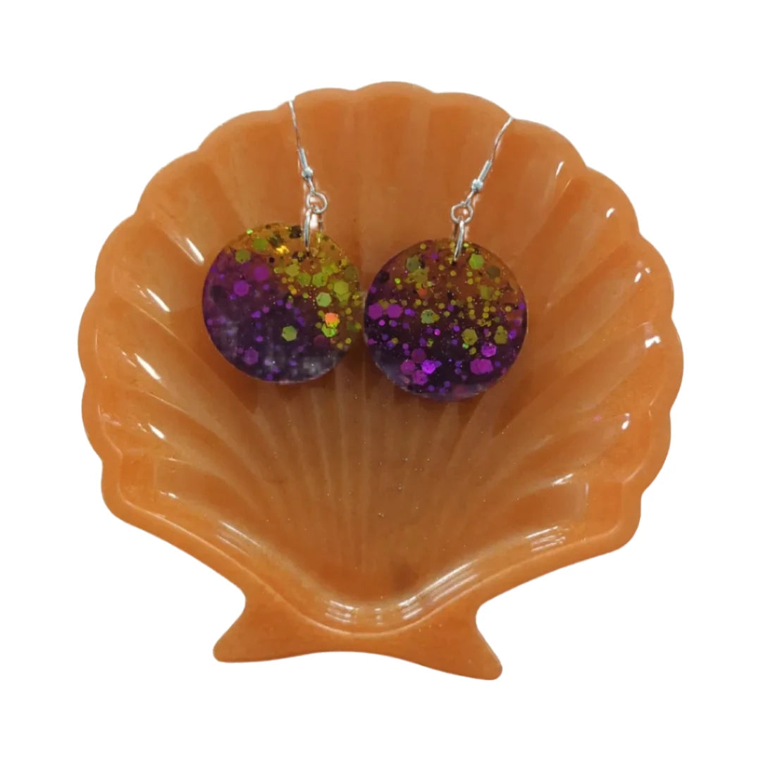 Earrings - Resin purple and gold circle on silver hook