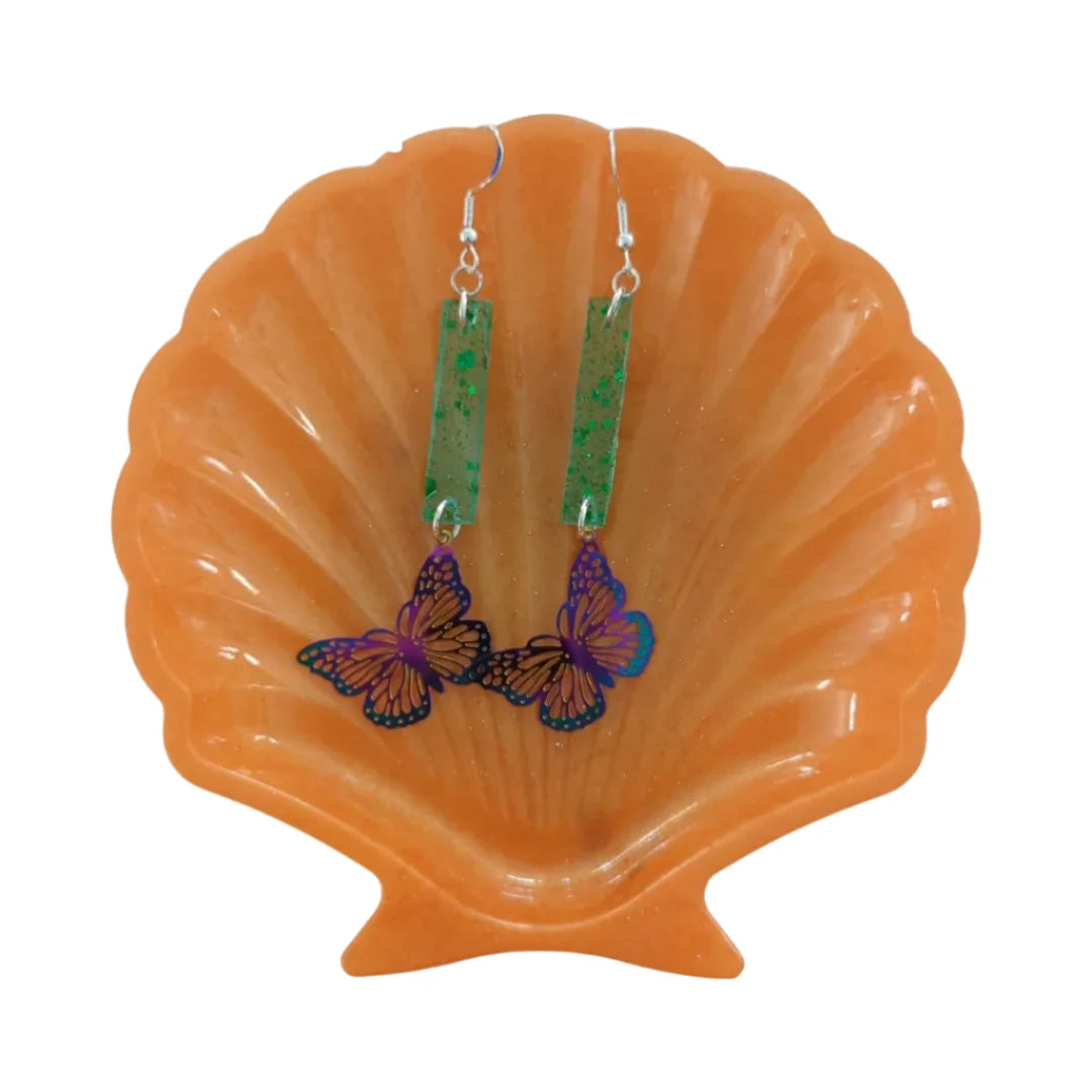 Earrings - Resin rectangle with rainbow etched stainless steel metal butterflies on silver hook