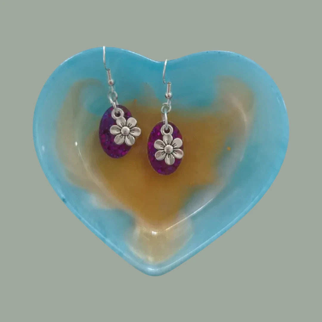 Earrings - Resin small oval with silver charm