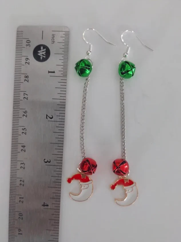 Earrings - Santa Clause Moon with Two Jingle Bells on Silver Chain Drop Hook