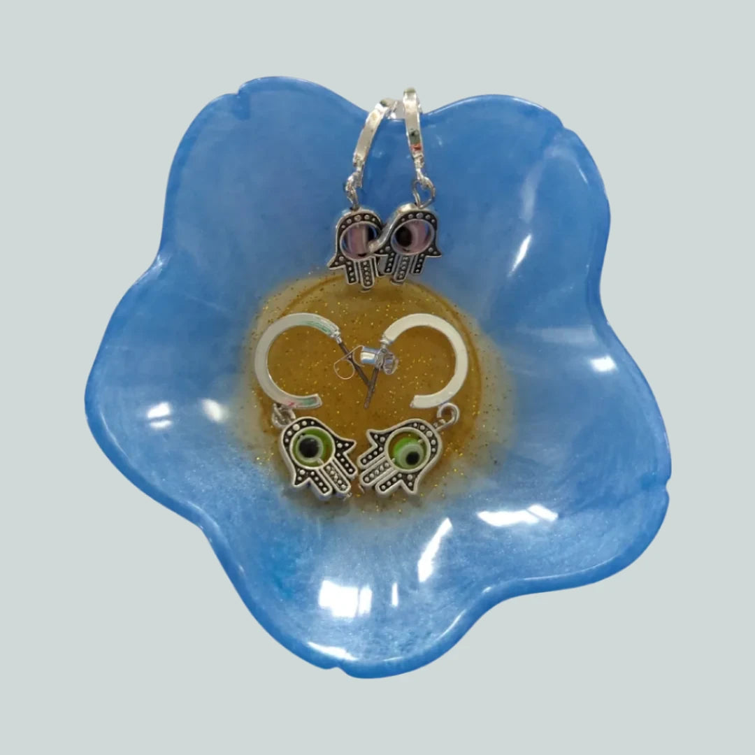 Earrings - Silver 15mm Round Post Earring with Loop with Colorful Evil Eye charm